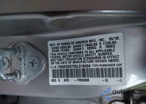 2005 Honda Civic Ex из США, поврежденный, VIN 1HGES26735L018404